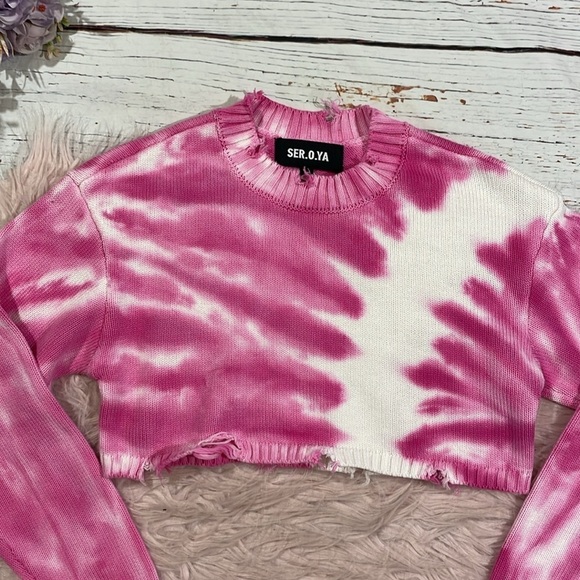 NWT SER.O.YA Paige Distressed Cropped Sweater Pink Line Tie Dye - Picture 6 of 9